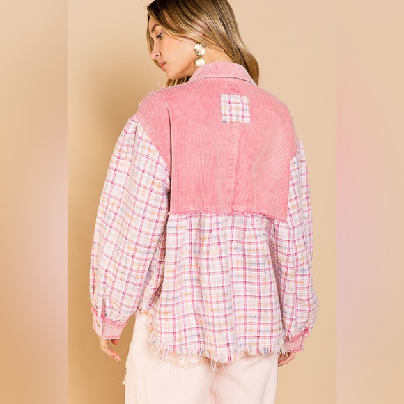 Corduroy Tweed Ballon Sleeves Pink Womens Shacket Button Down - Picture 3 of 11